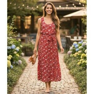 Talbots Red White Floral Tiered Maxi Dress Sleeveless Belted Viscose Summer Sz 2